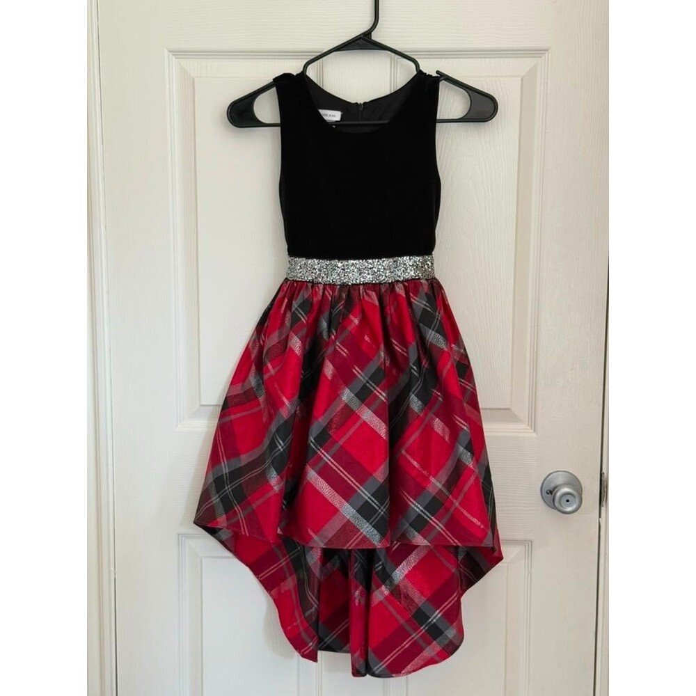 Bonnie Jean Girls Holiday Plaid High Low Dress Black Velvet Red Size 10